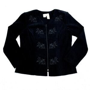 Betsy Lauren Suit Jacket Womens 8P Black Vintage‎ Full Zip Floral Suede Like